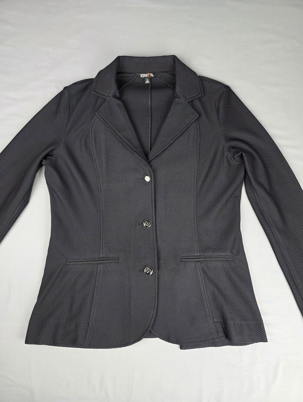Kerrits Affinity Aero Show Coat Black L Mesh 3 Button Hidden Zip 4 Way Stretch